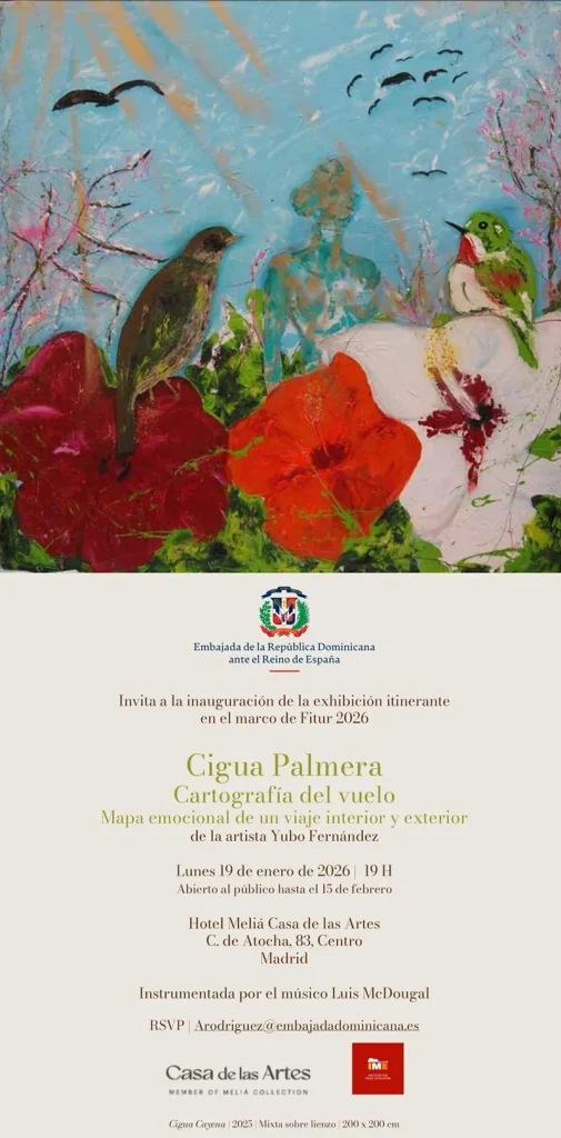 La inauguración oficial de la exposición “Cigua Palmera. Cartografía del Vuelo”, de Yubo Fernández,será el 19 de enero a las 19:00 horas en el Hotel Meliá Casa de las Artes, en Madrid